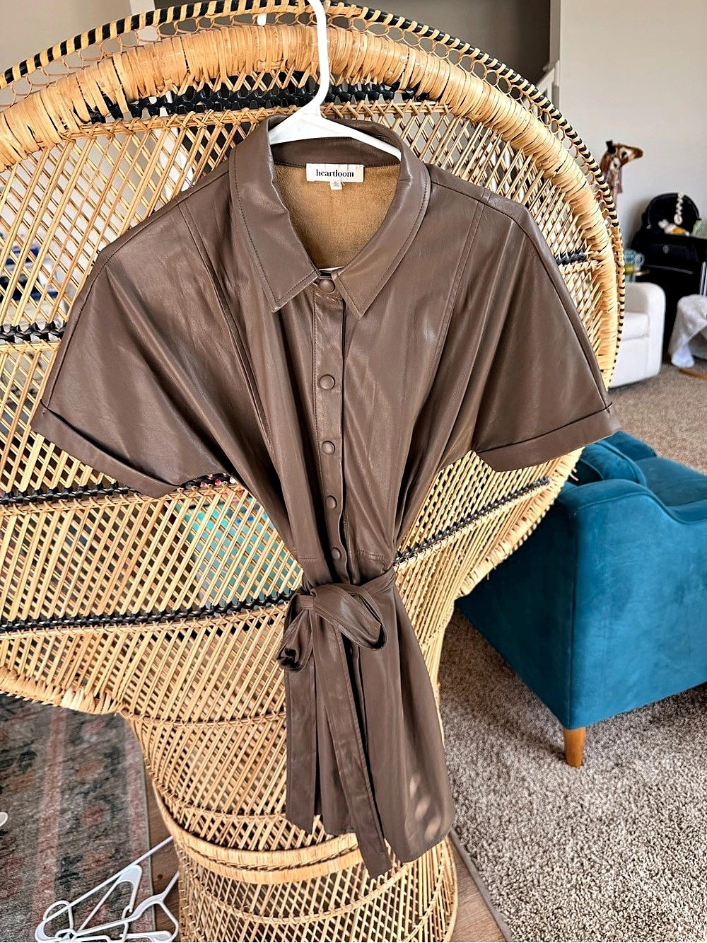 heartloom Faux Leather Brown Mini Shirt Dress